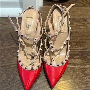 Valentino Red Patent Pointed Toe Studded Slingback Heels